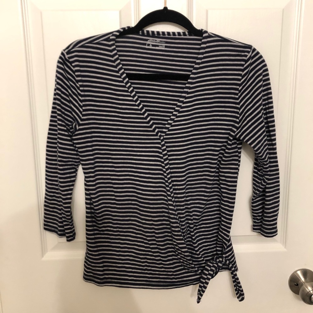 Navy stripe Eddie Bauer wrap blouse top size small